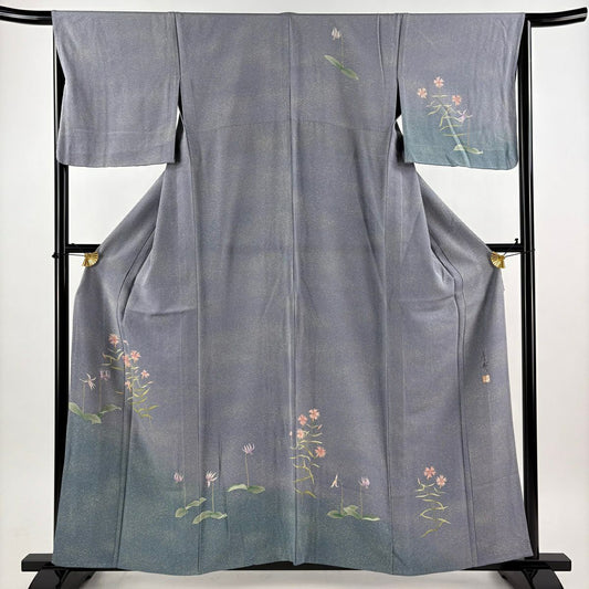 【美品】 付下 身長158.5cm 袖長66cm M 單層 落款あり 撫子 草花紋紋 漸層 薄紫 純蠶絲 秀品級