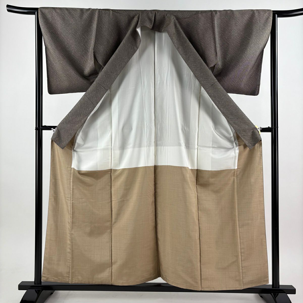 【美品】 付下 身長160cm 袖長64cm M 雙層 紬織織 斜紋 幾何圖案 灰茶 純蠶絲 優品級