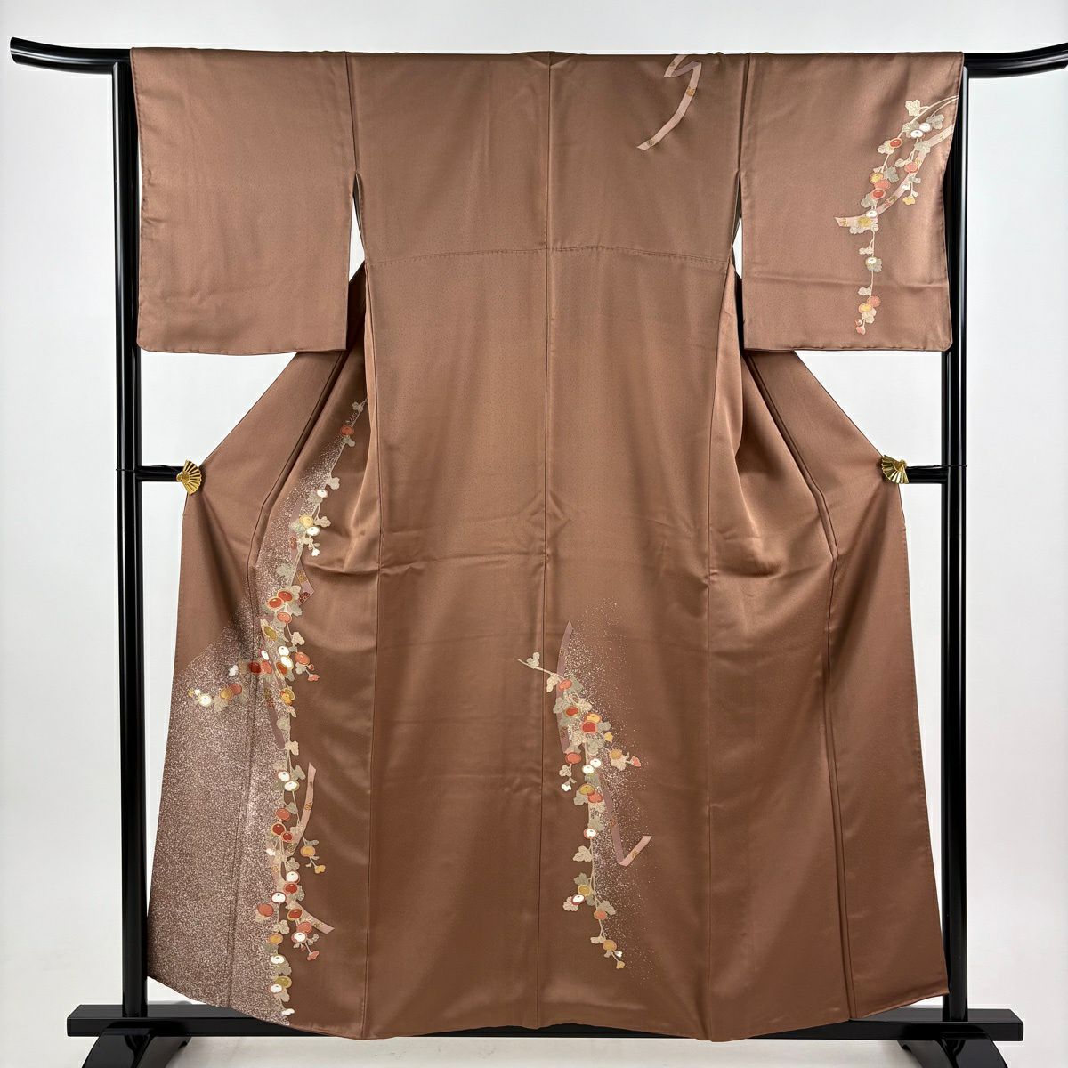 付下 身長158cm 袖長64.5cm M 雙層 萬壽菊花 蔓帶 金絲 金銀彩 茶 純蠶絲 秀品級