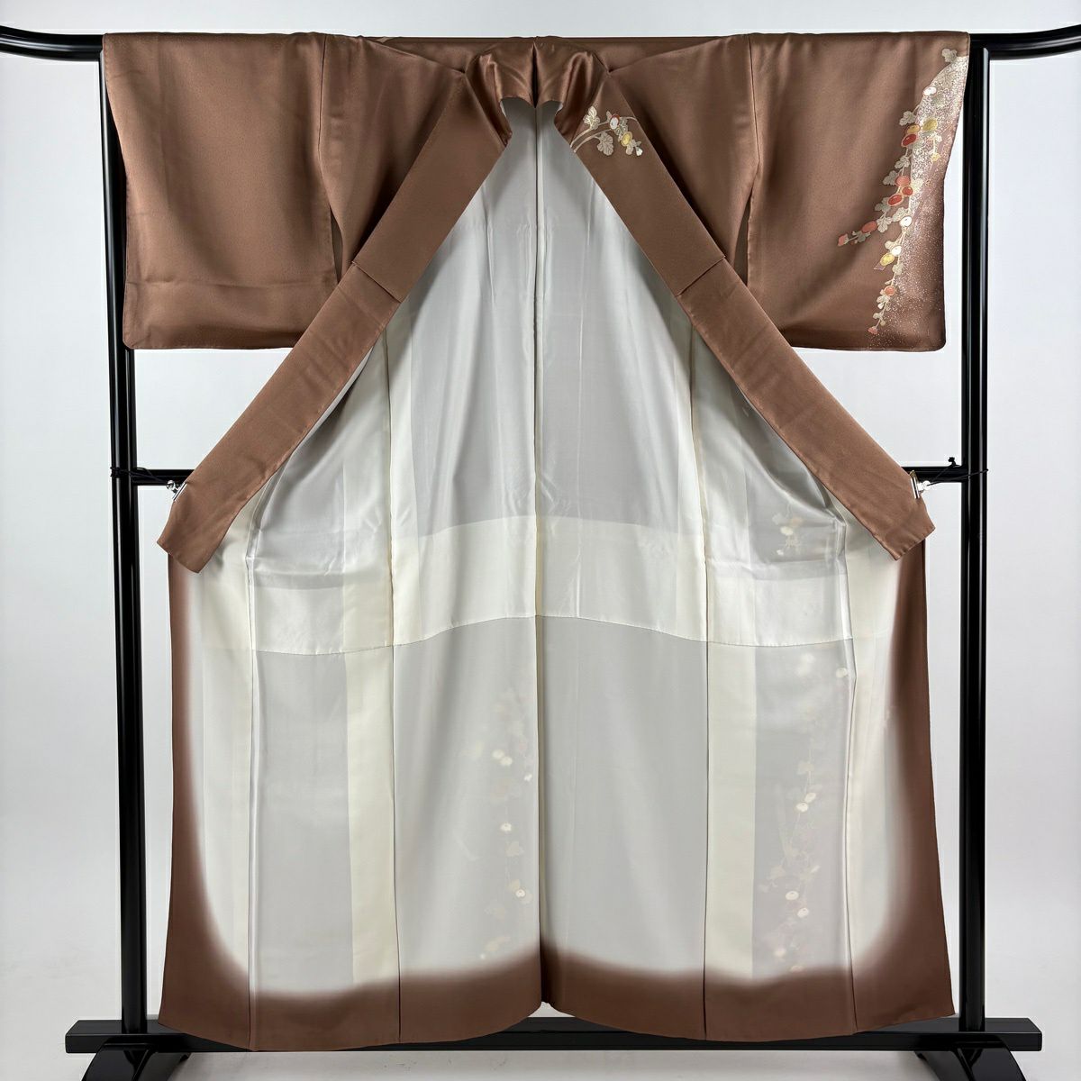 付下 身長158cm 袖長64.5cm M 雙層 萬壽菊花 蔓帶 金絲 金銀彩 茶 純蠶絲 秀品級