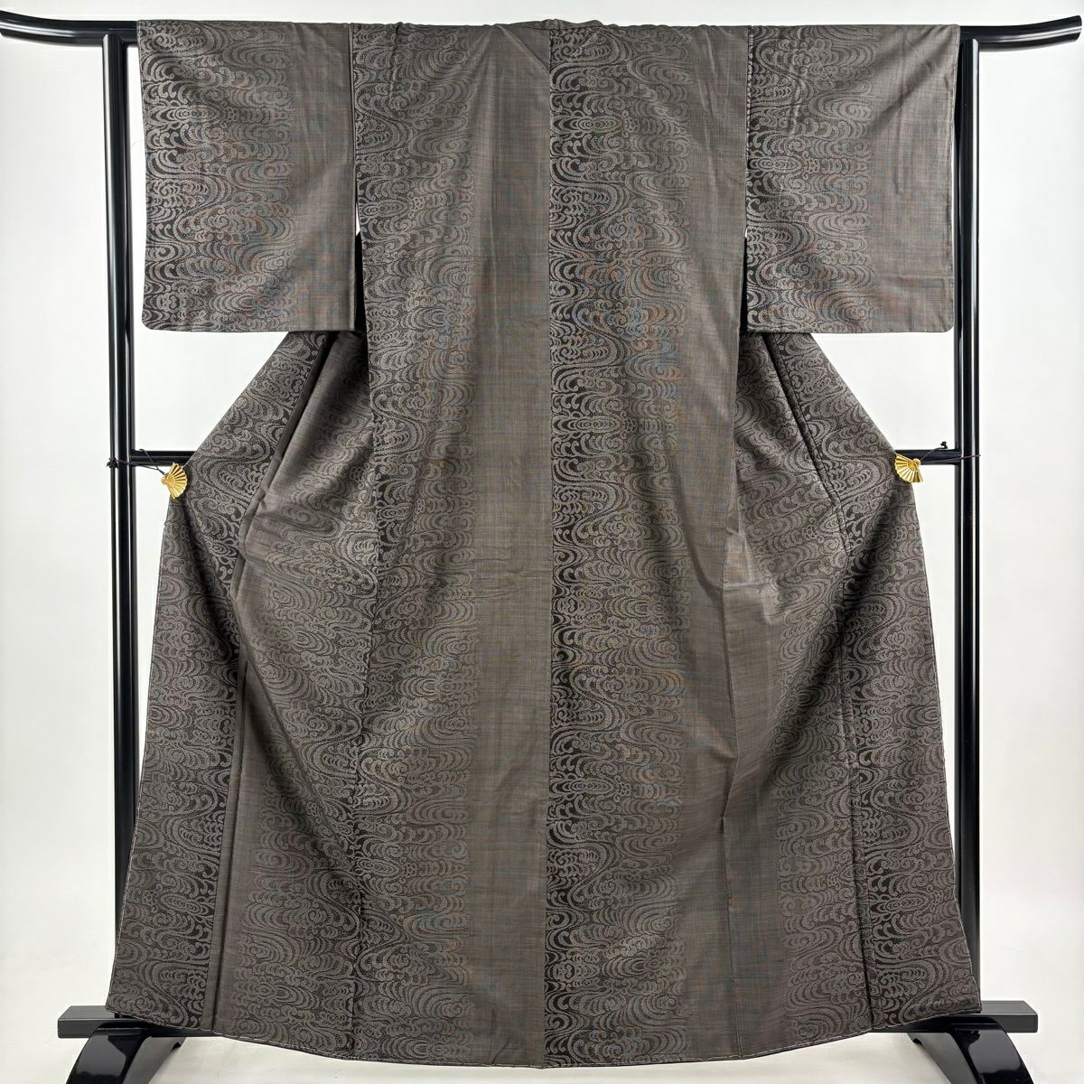 【美品】 紬織 身長164cm 袖長63.5cm S 雙層 波頭 観世水 焦茶 純蠶絲 秀品級