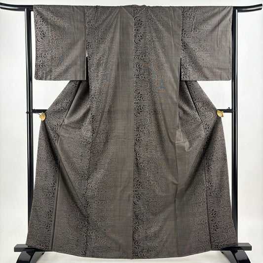 【美品】 紬織 身長164cm 袖長63.5cm S 雙層 波頭 観世水 焦茶 純蠶絲 秀品級