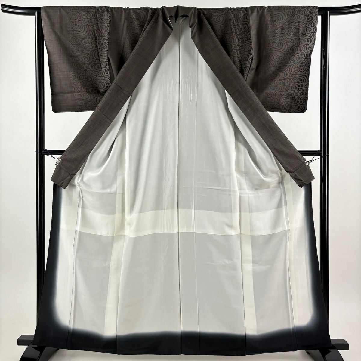 【美品】 紬織 身長164cm 袖長63.5cm S 雙層 波頭 観世水 焦茶 純蠶絲 秀品級