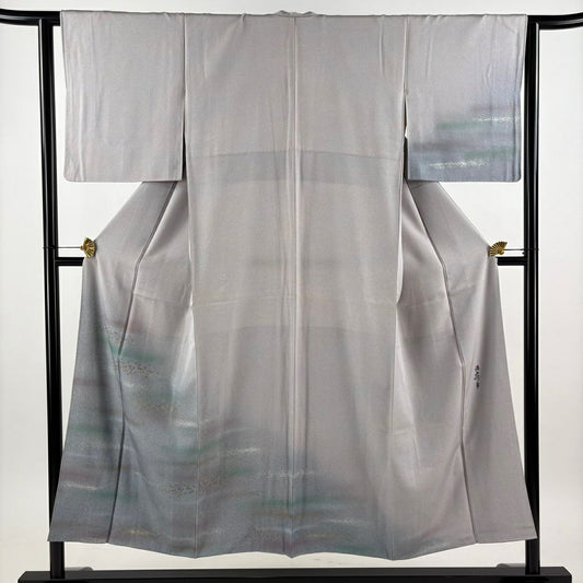 付下 身長150cm 袖長63cm S 雙層 落款 霞 金金箔散佈 金銀彩 漸層 灰紫 純蠶絲 優品級