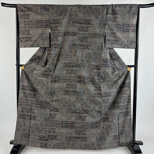 【美品】 紬織織 身長166cm 袖長66cm M 雙層 草花紋紋 焦茶 純蠶絲 秀品級
