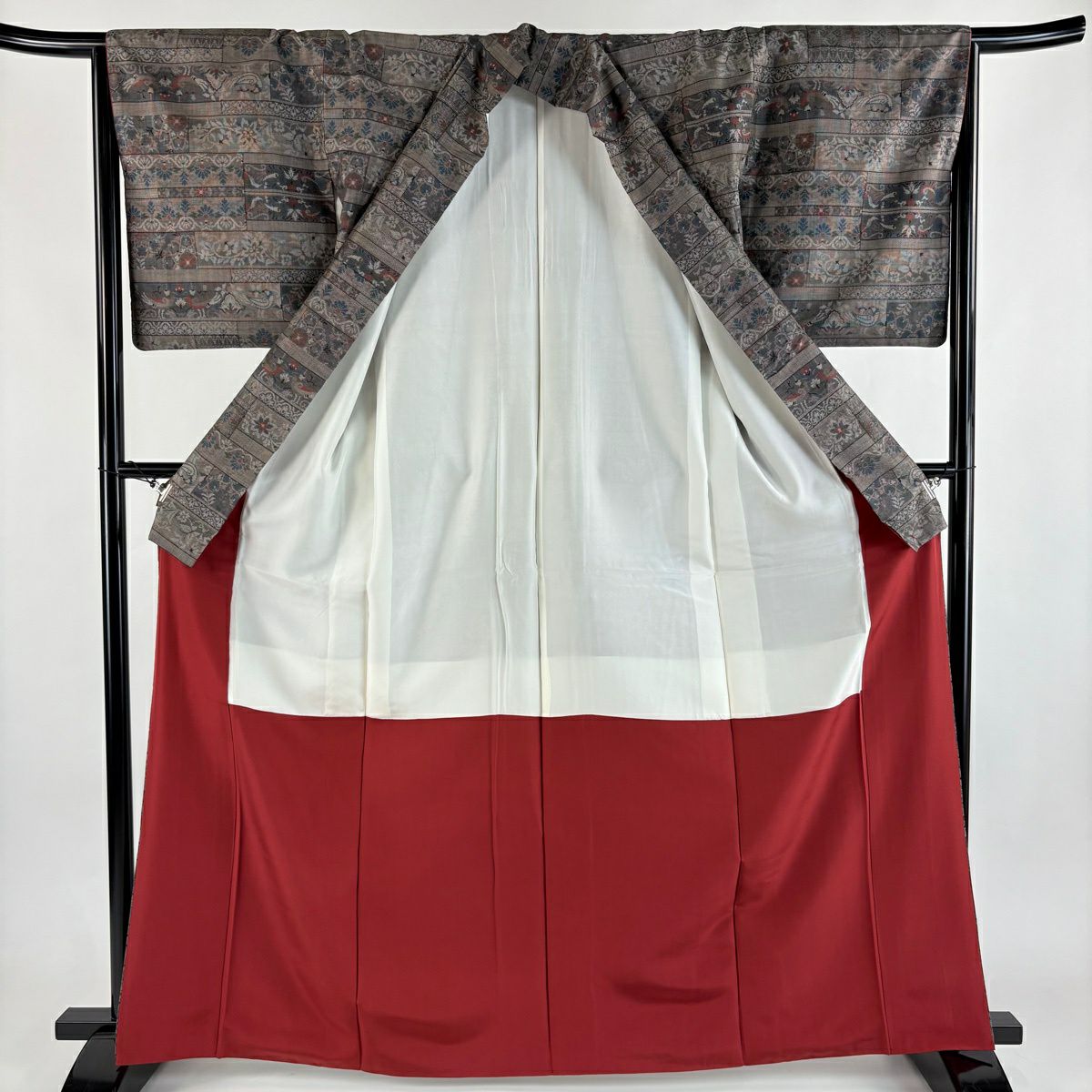【美品】 紬織織 身長166cm 袖長66cm M 雙層 草花紋紋 焦茶 純蠶絲 秀品級