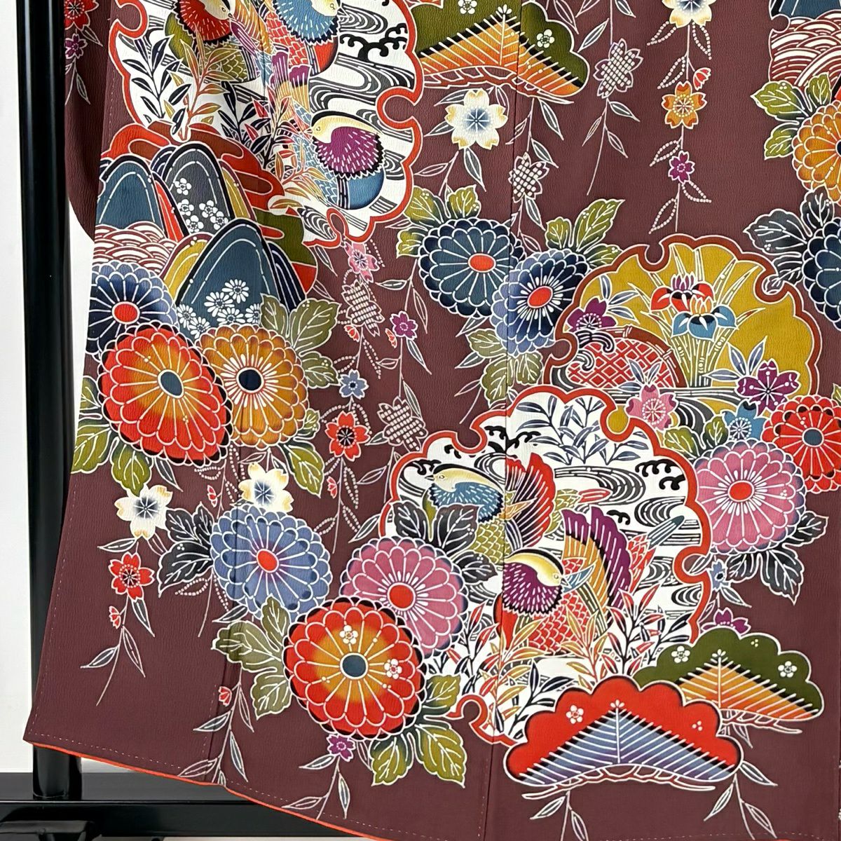 振袖禮服 身長158cm 袖長65.5cm M 雙層 鴛鴦 草花紋紋 茶紫 純蠶絲 秀品級