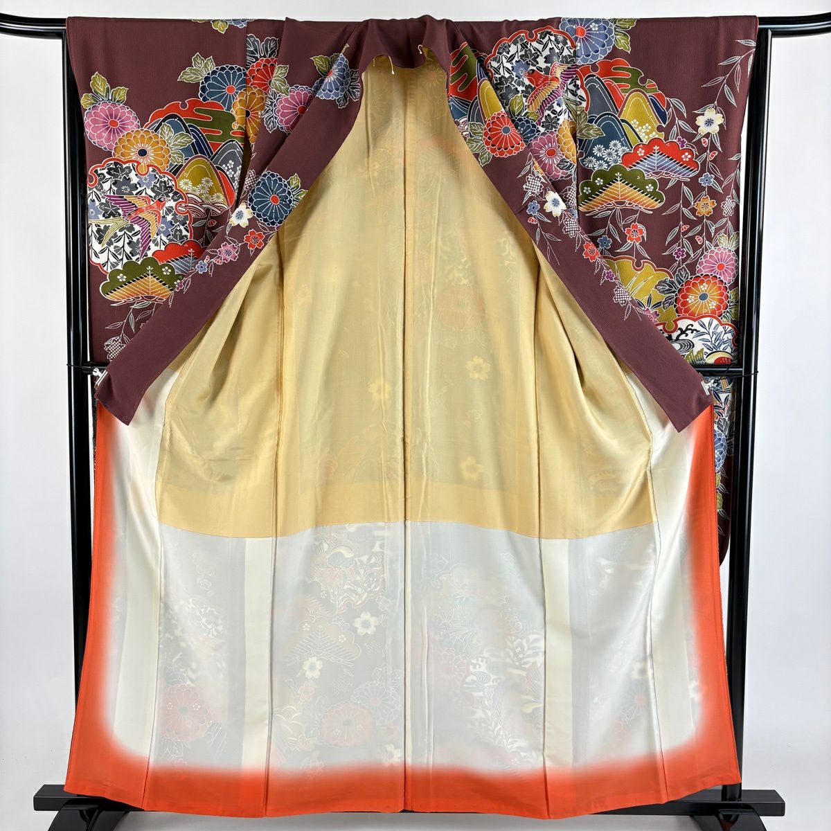 振袖禮服 身長158cm 袖長65.5cm M 雙層 鴛鴦 草花紋紋 茶紫 純蠶絲 秀品級