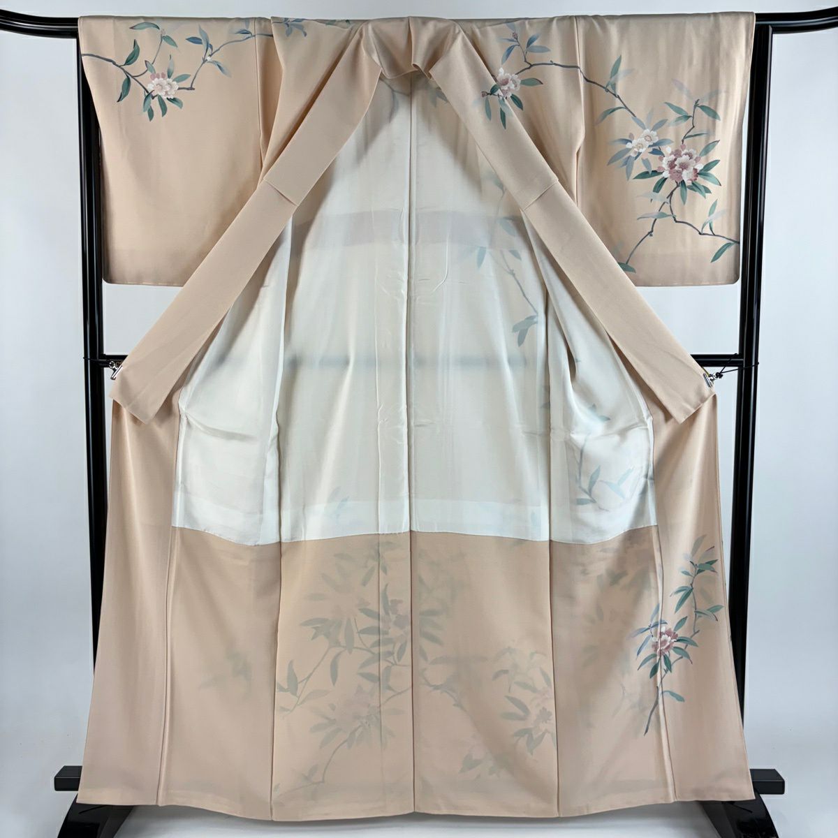 【美品】訪問服 身長164cm 袖長65.5cm M 雙層 草花紋紋 粉米色 純蠶絲 優品級