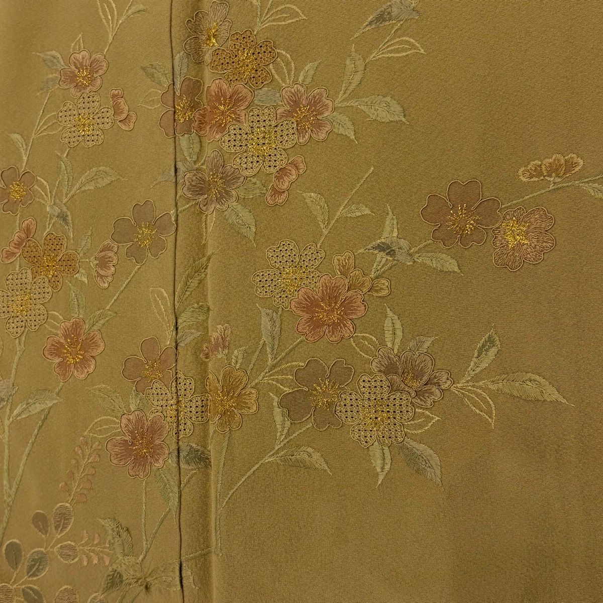 訪問服 身長159cm 袖長64cm M 雙層 枝花刺繡 金糸 淺茶 純蠶絲 秀品級 一個紋
