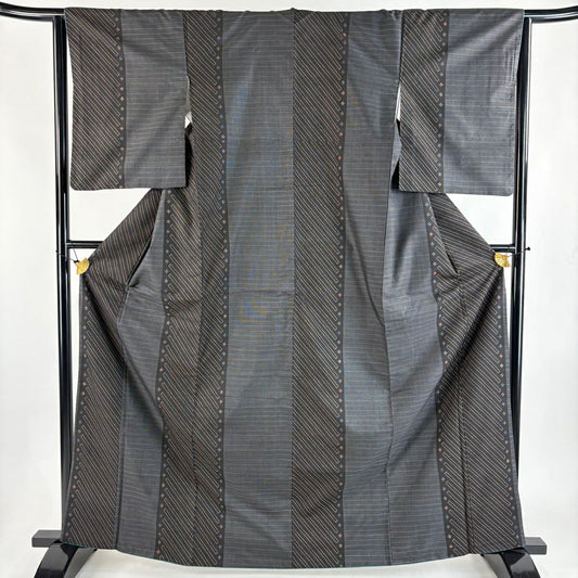 紬織 身長165.5cm 袖長64.5cm M 雙層 斜條紋 縞 焦茶 純蠶絲 秀品級
