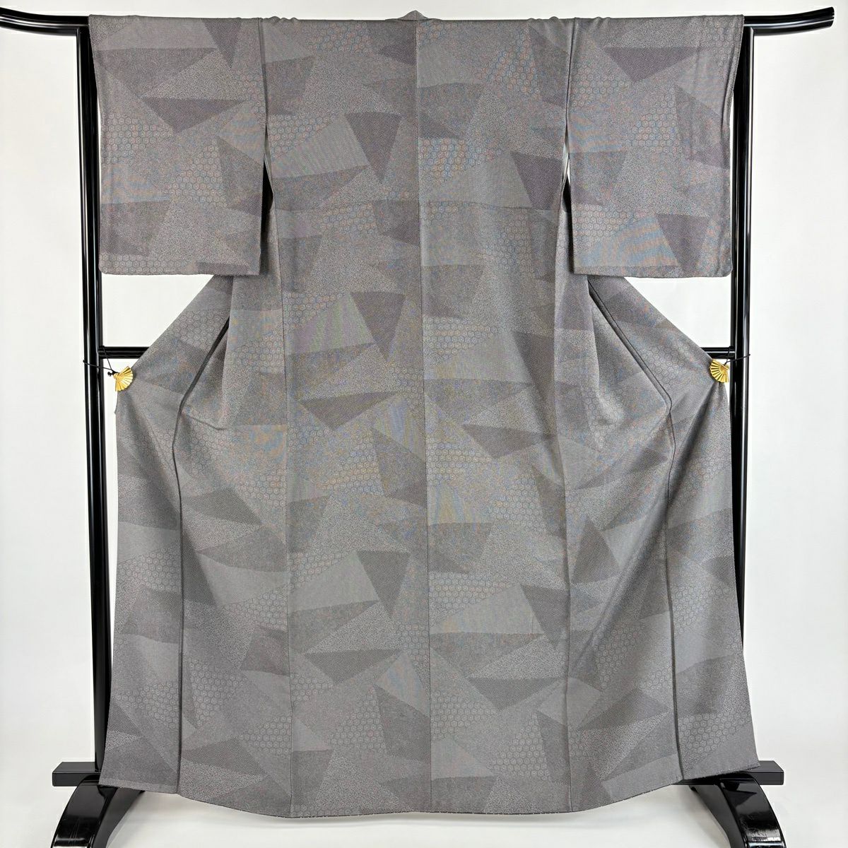 【美品】 江戶小紋 身長164cm 袖長65cm M 雙層 龜甲 鮫 灰茶 純蠶絲 優品級