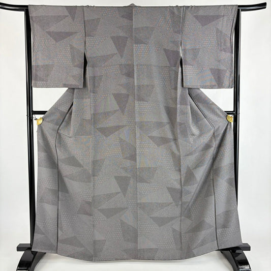 【美品】 江戶小紋 身長164cm 袖長65cm M 雙層 龜甲 鮫 灰茶 純蠶絲 優品級