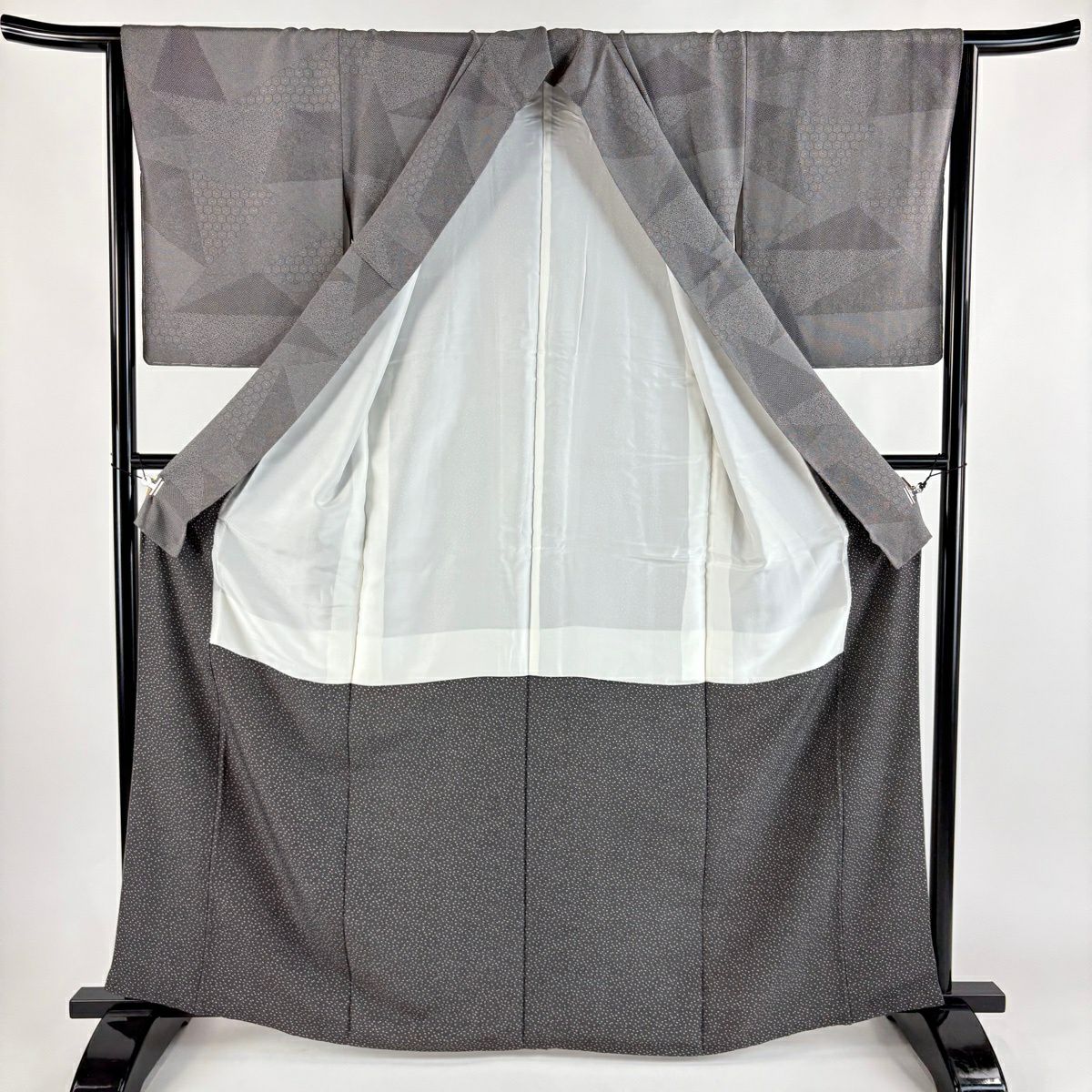 【美品】 江戶小紋 身長164cm 袖長65cm M 雙層 龜甲 鮫 灰茶 純蠶絲 優品級