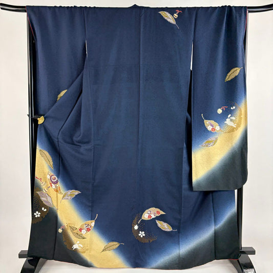 振袖禮服 身長165cm 袖長69cm L 雙層 葉柄 番傘 金絲 金銀彩 深藍 純蠶絲 秀品級