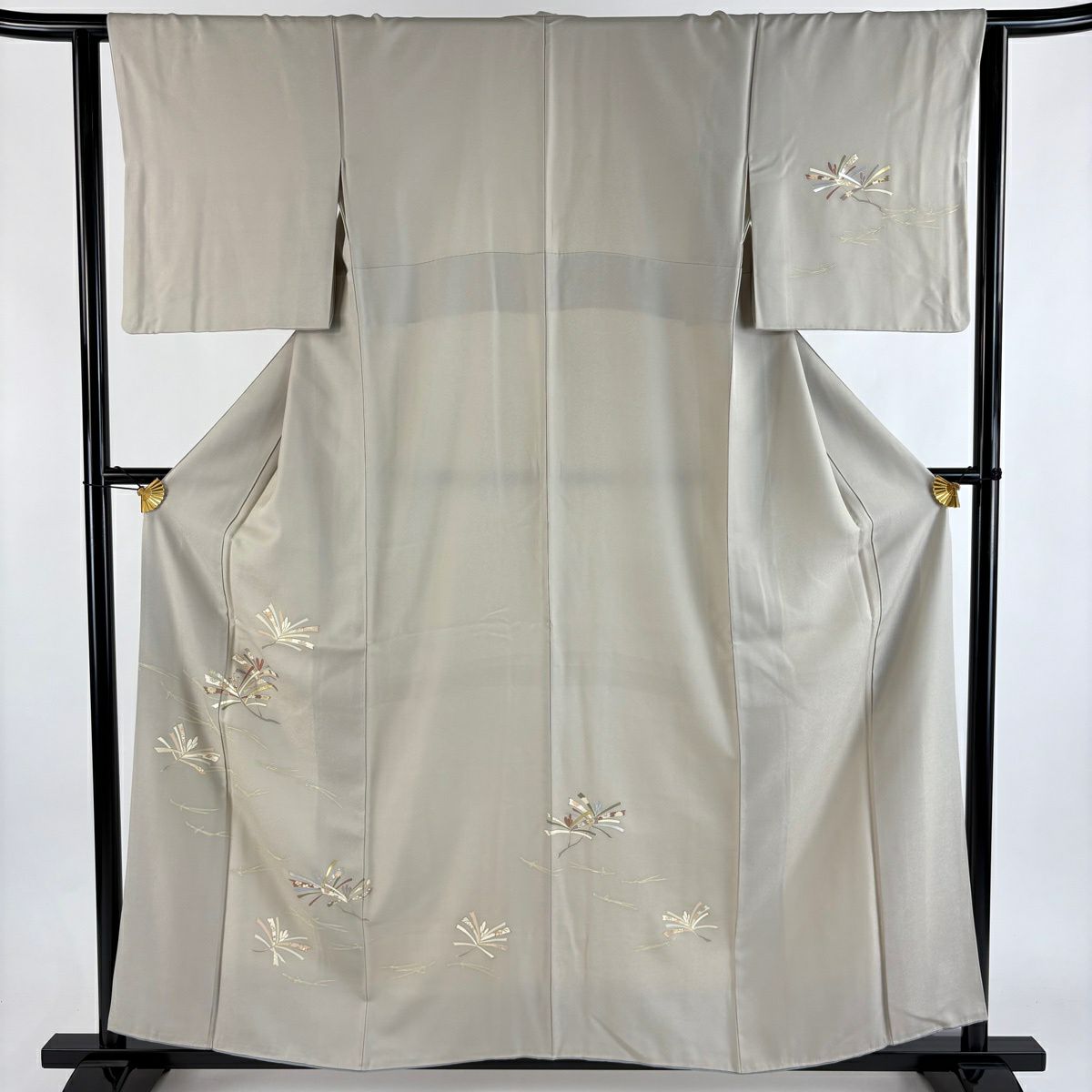 付下 身長158cm 袖長62.5cm S 雙層 若松樹 松樹葉 金絲 金銀彩 灰茶 純蠶絲 優品級