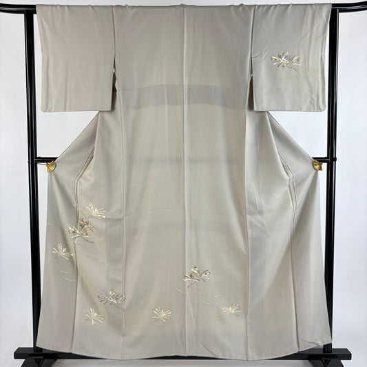 付下 身長158cm 袖長62.5cm S 雙層 若松樹 松樹葉 金絲 金銀彩 灰茶 純蠶絲 優品級