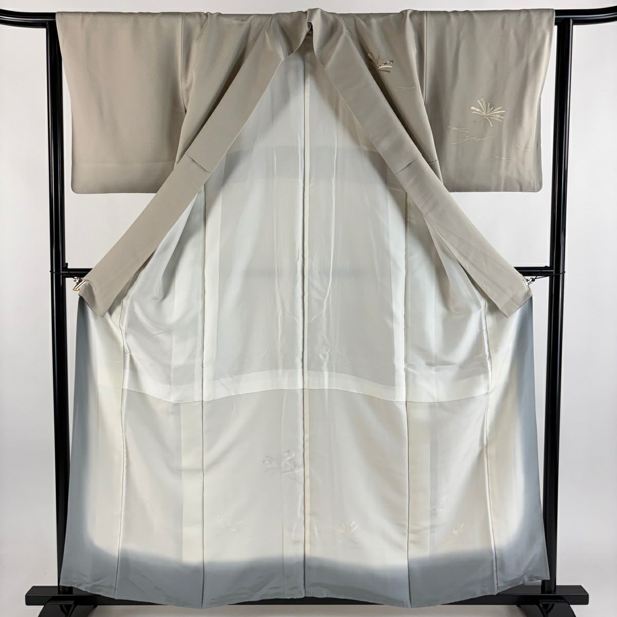 付下 身長158cm 袖長62.5cm S 雙層 若松樹 松樹葉 金絲 金銀彩 灰茶 純蠶絲 優品級