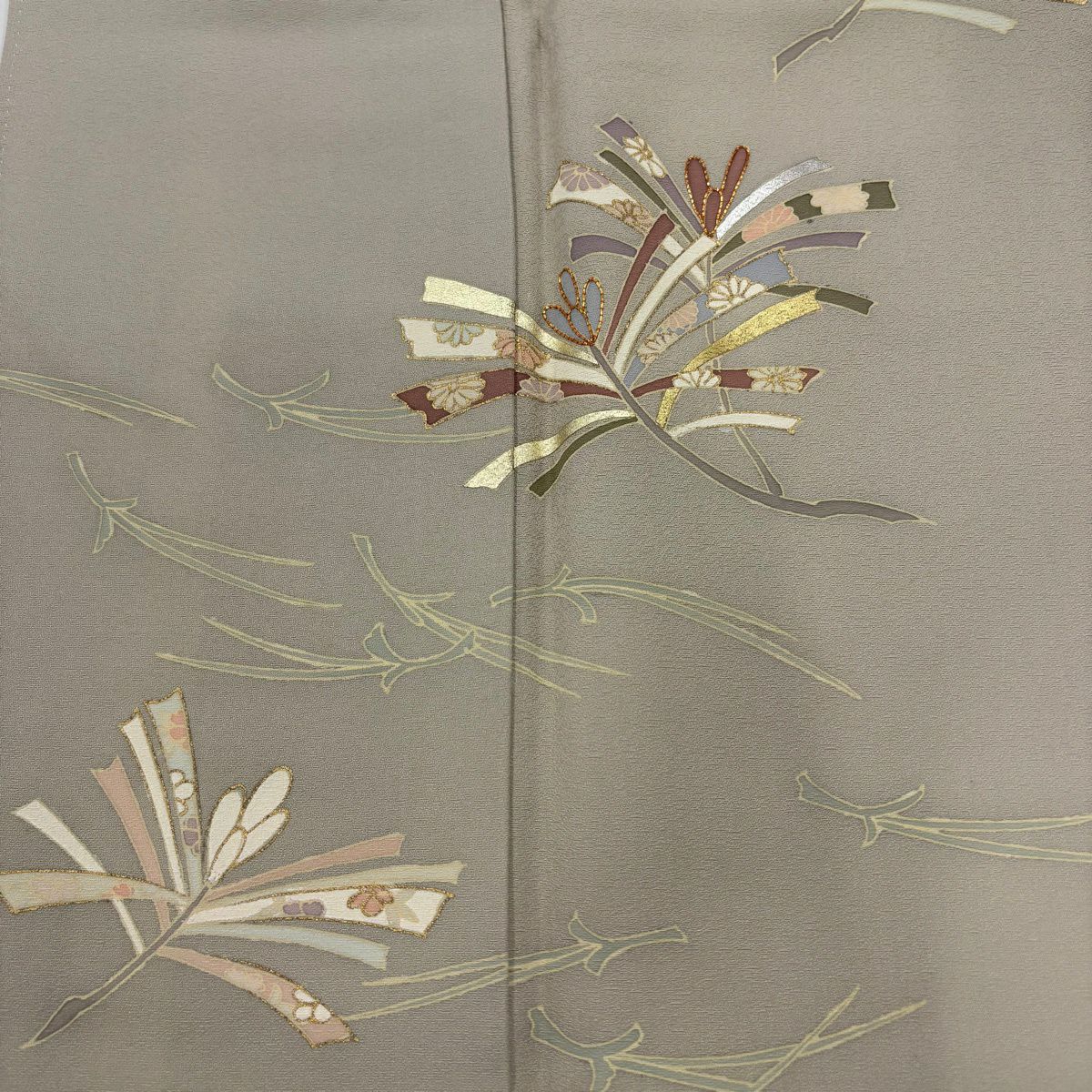 付下 身長158cm 袖長62.5cm S 雙層 若松樹 松樹葉 金絲 金銀彩 灰茶 純蠶絲 優品級