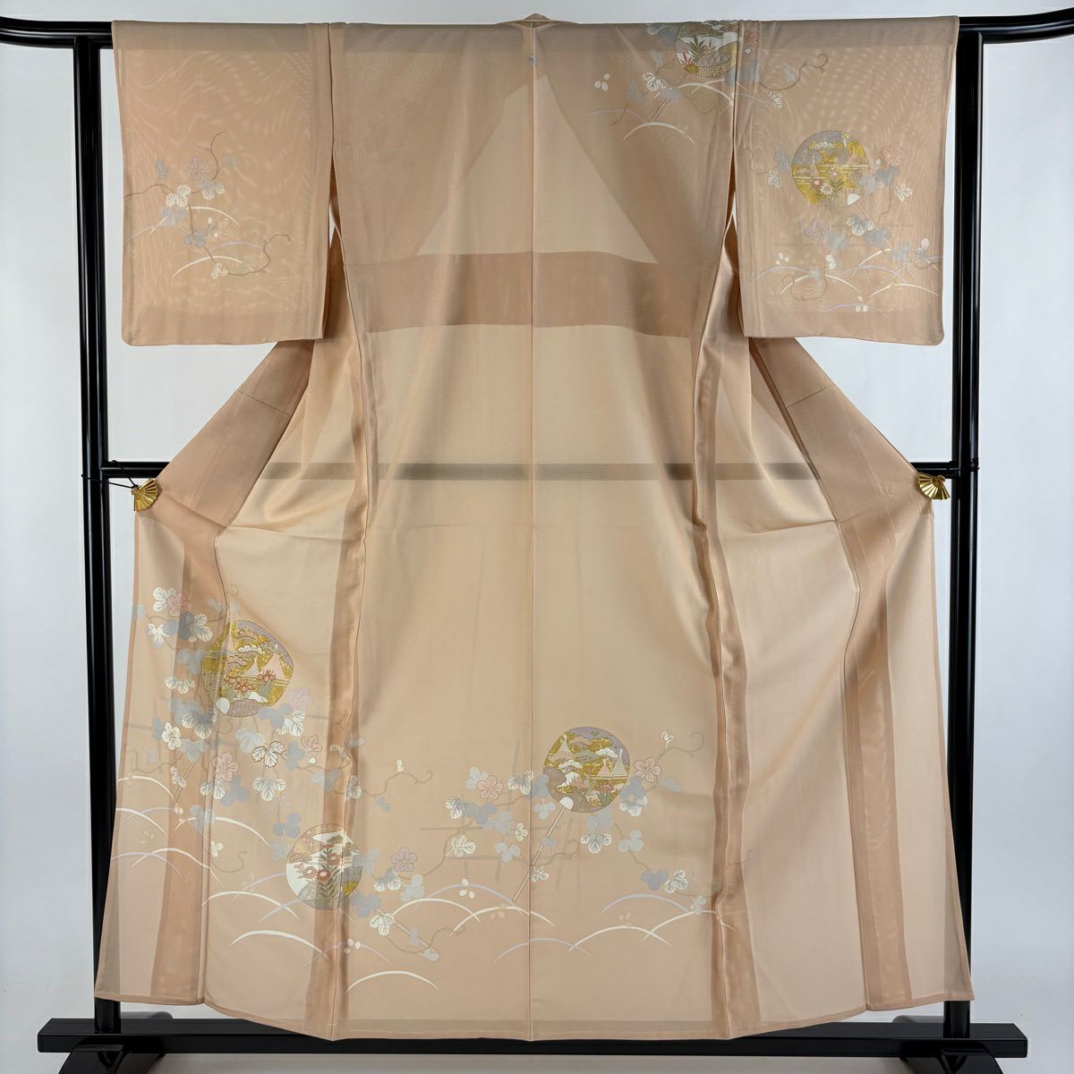 訪問服 身長158.5cm 袖長62.5cm S 薄物 絽 松樹 蔦 金絲 金銀彩 粉米色 純蠶絲 秀品級 一個紋