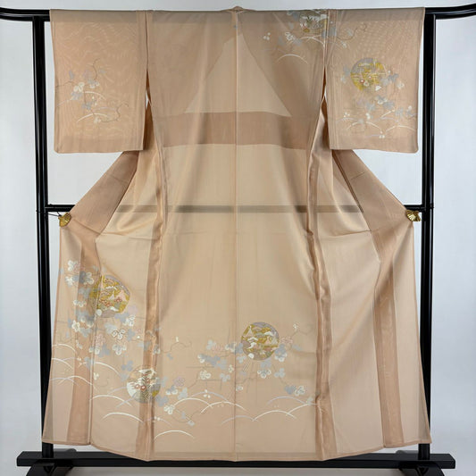 訪問服 身長158.5cm 袖長62.5cm S 薄物 絽 松樹 蔦 金絲 金銀彩 粉米色 純蠶絲 秀品級 一個紋