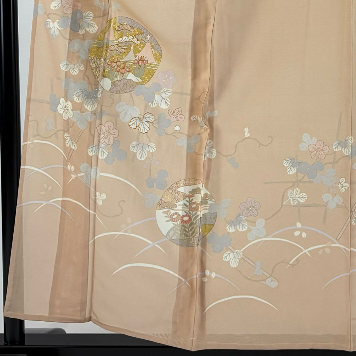 訪問服 身長158.5cm 袖長62.5cm S 薄物 絽 松樹 蔦 金絲 金銀彩 粉米色 純蠶絲 秀品級 一個紋