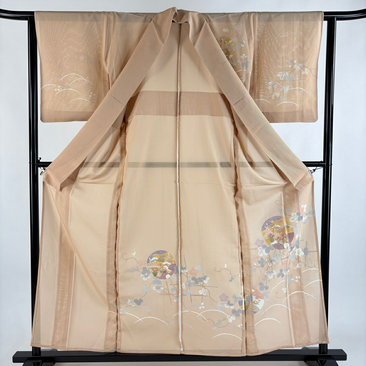 訪問服 身長158.5cm 袖長62.5cm S 薄物 絽 松樹 蔦 金絲 金銀彩 粉米色 純蠶絲 秀品級 一個紋