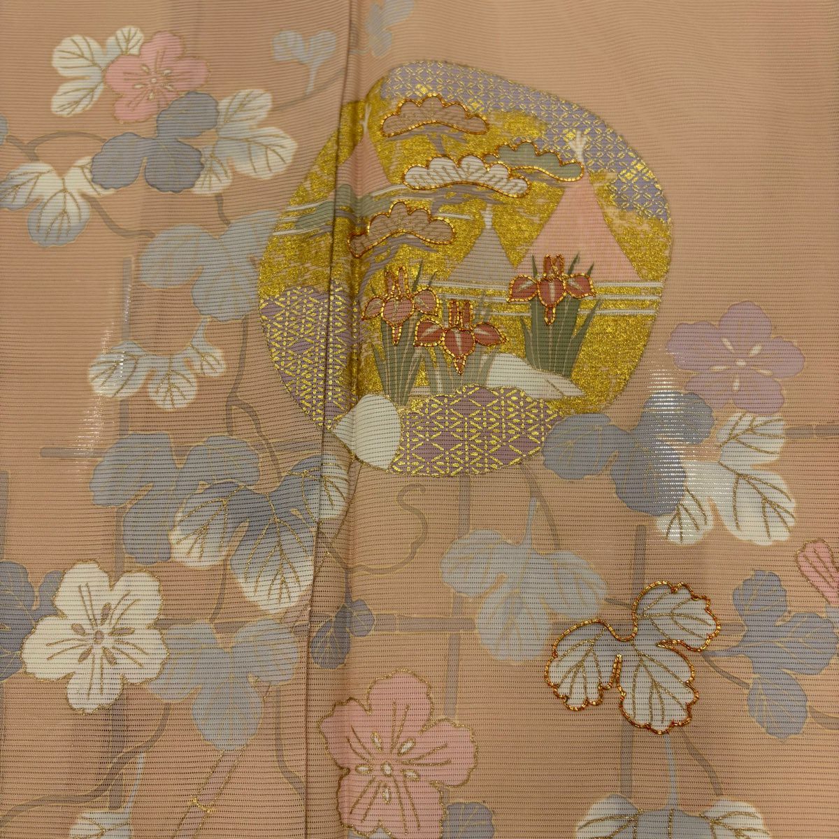 訪問服 身長158.5cm 袖長62.5cm S 薄物 絽 松樹 蔦 金絲 金銀彩 粉米色 純蠶絲 秀品級 一個紋