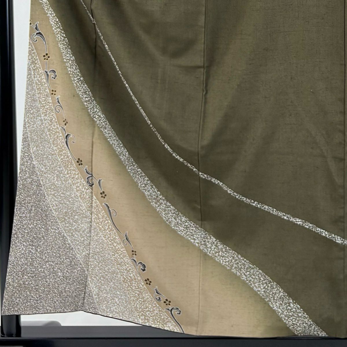 【美品】 付下 身長157cm 袖長63.5cm S 雙層 紬織織 大和 花唐草紋 金銀彩 漸層 茶綠 純蠶絲 優品級