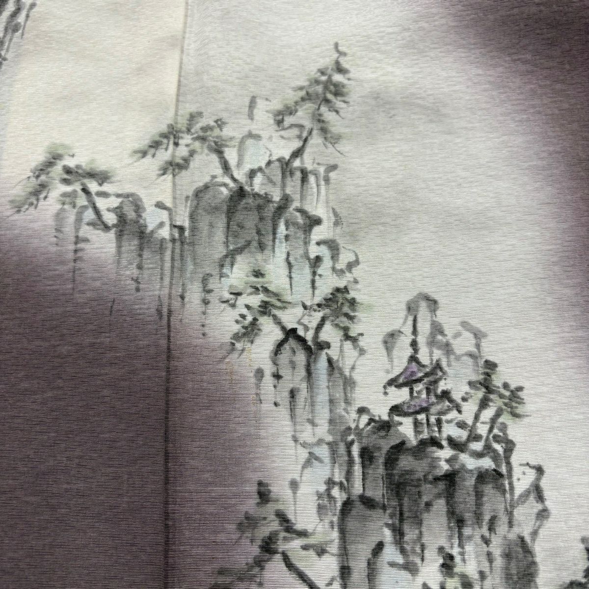 付下 身長173.5cm 袖長69cm L 雙層 落款あり 風景 樹木 霞暈染 小豆 純蠶絲 秀品級 一つ紋