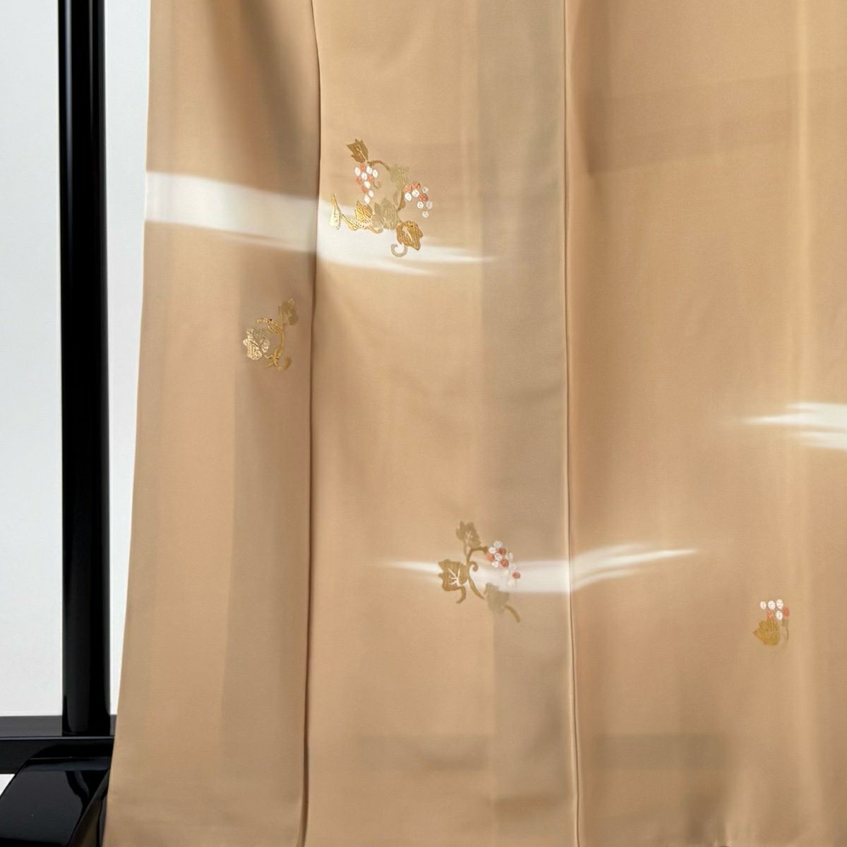 付下 身長167cm 袖長68cm L 雙層 葡萄丸紋 霞 刺繡 金金箔 淺茶 純蠶絲 優品級