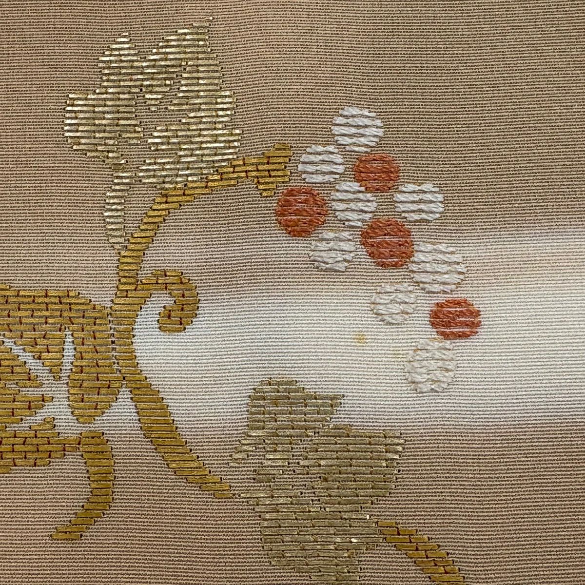 付下 身長167cm 袖長68cm L 雙層 葡萄丸紋 霞 刺繡 金金箔 淺茶 純蠶絲 優品級