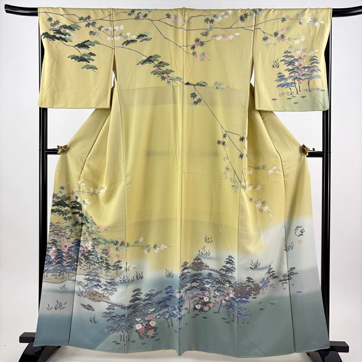 訪問服 身長162cm 袖長67cm M 雙層 落款あり 家屋 松樹竹子梅花 漸層 米色 純蠶絲 優品級