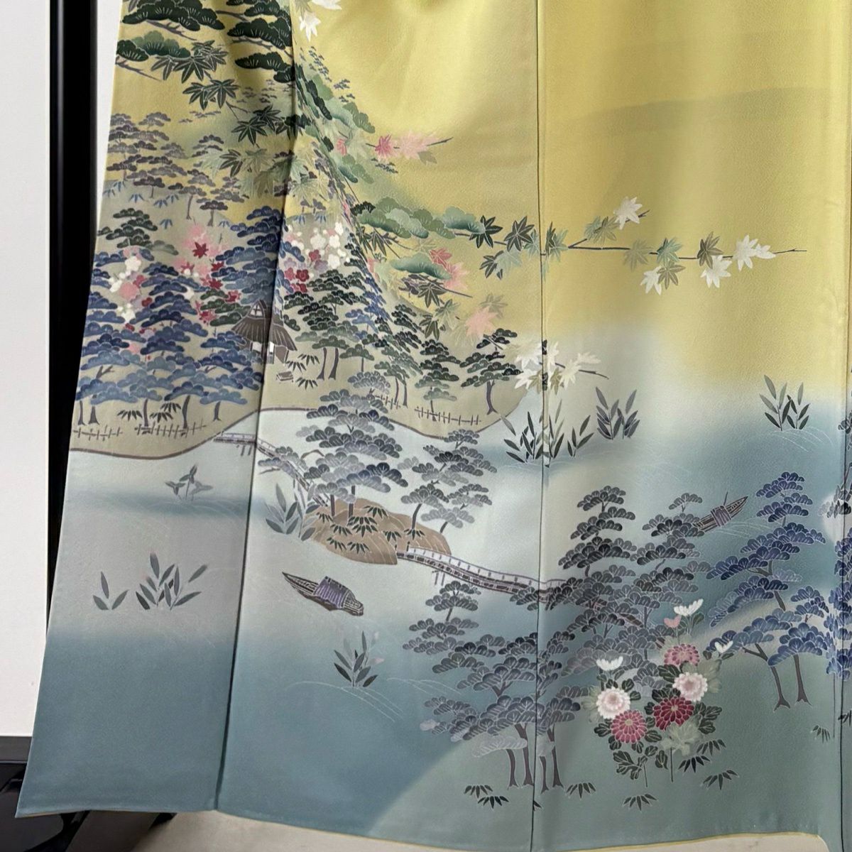 訪問服 身長162cm 袖長67cm M 雙層 落款あり 家屋 松樹竹子梅花 漸層 米色 純蠶絲 優品級