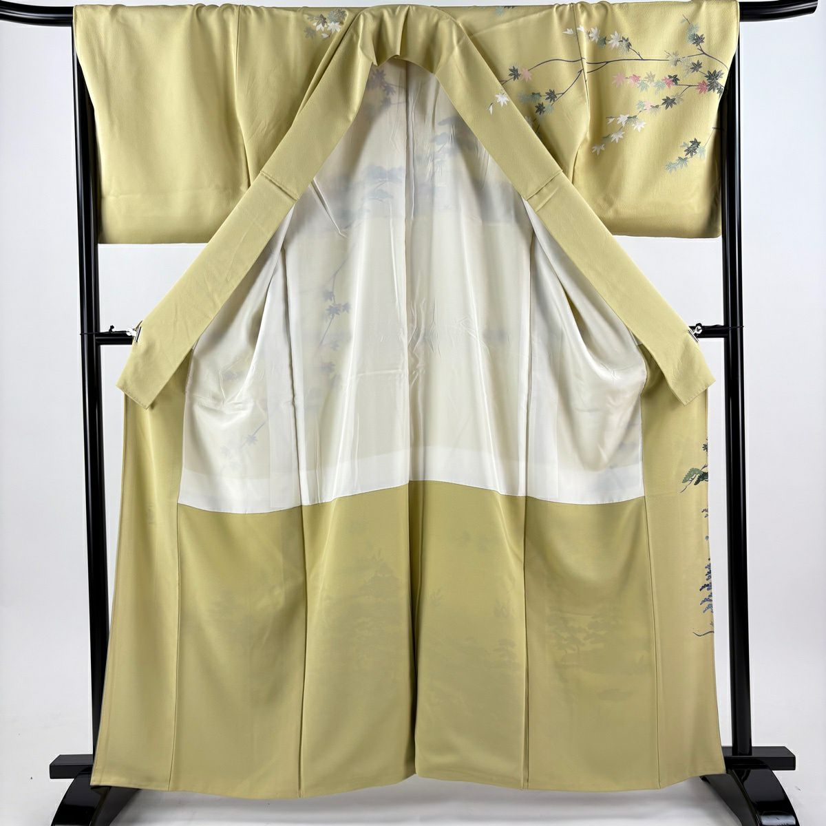 訪問服 身長162cm 袖長67cm M 雙層 落款あり 家屋 松樹竹子梅花 漸層 米色 純蠶絲 優品級