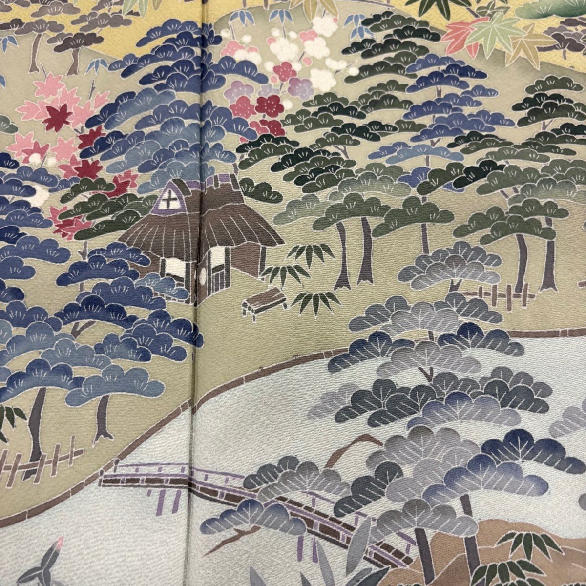 訪問服 身長162cm 袖長67cm M 雙層 落款あり 家屋 松樹竹子梅花 漸層 米色 純蠶絲 優品級