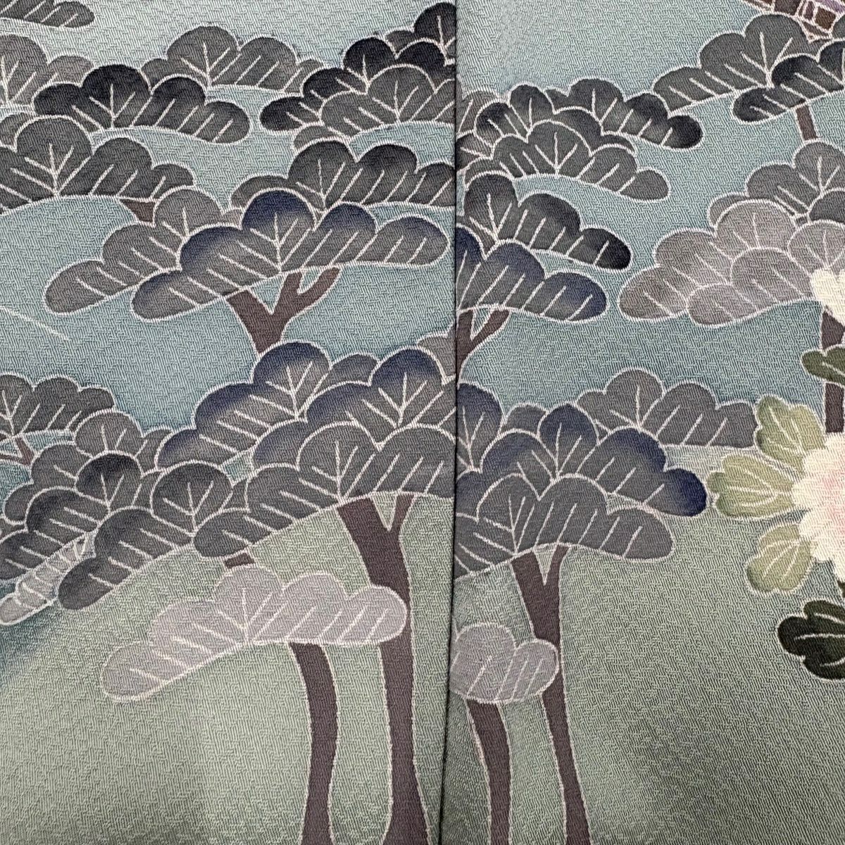 訪問服 身長162cm 袖長67cm M 雙層 落款あり 家屋 松樹竹子梅花 漸層 米色 純蠶絲 優品級