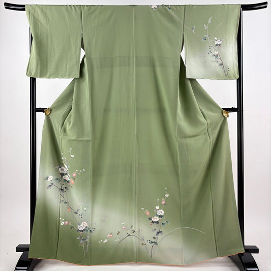 訪問服 身長164.5cm 袖長68cm L 雙層 椿 菊花 漸層 艾綠 純蠶絲 優品級