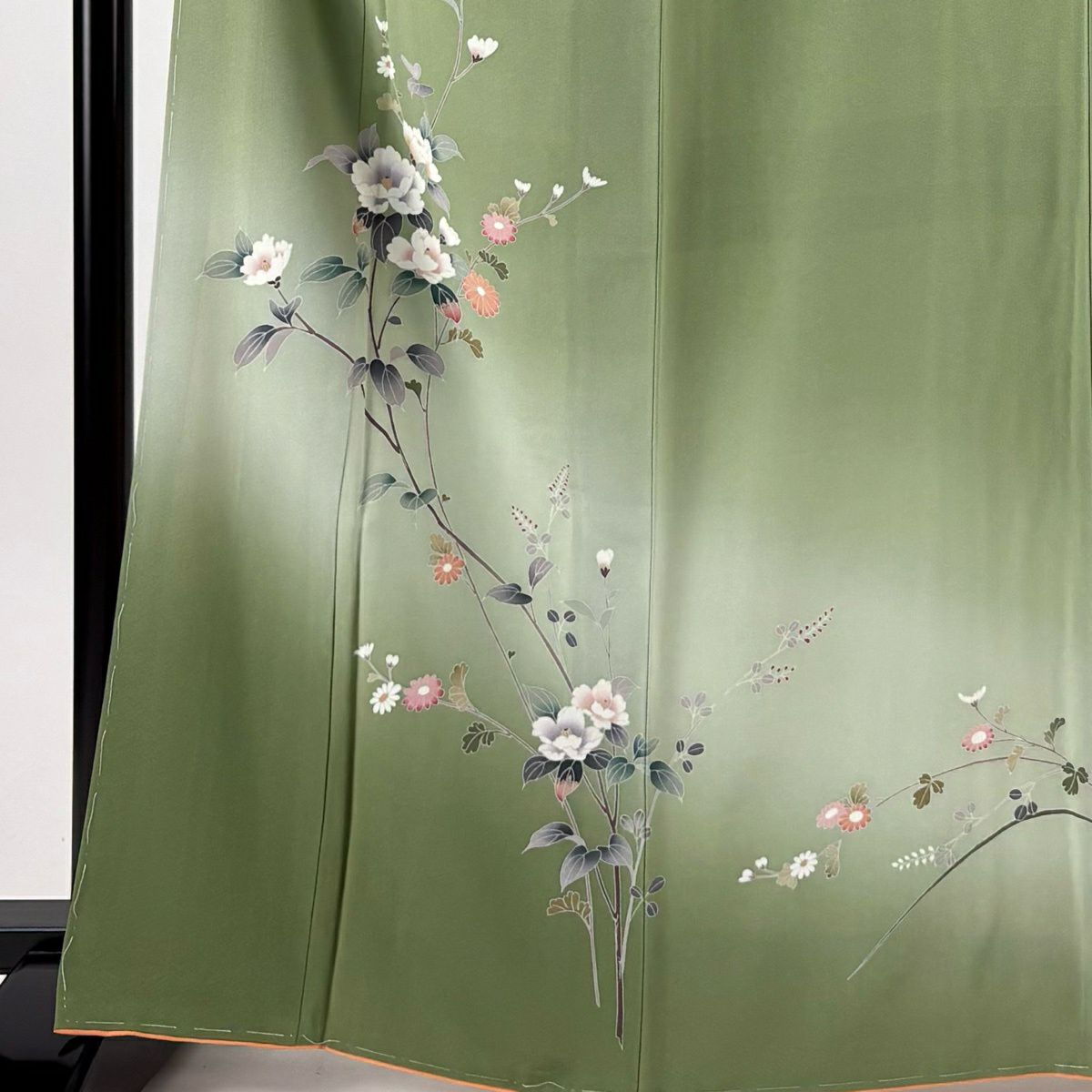 訪問服 身長164.5cm 袖長68cm L 雙層 椿 菊花 漸層 艾綠 純蠶絲 優品級