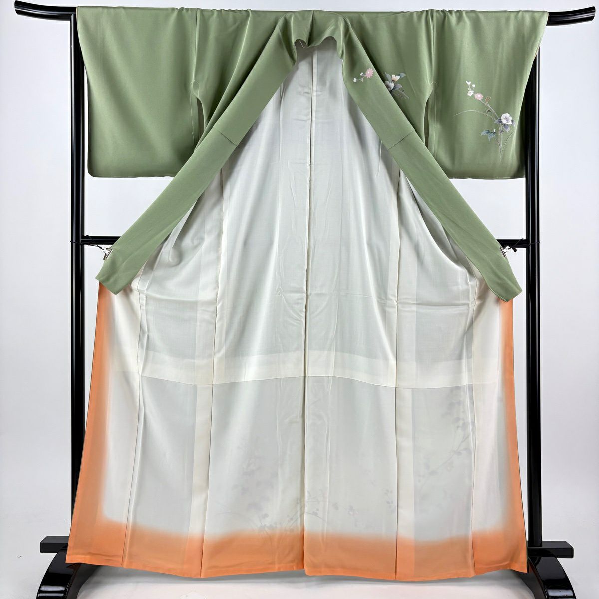 訪問服 身長164.5cm 袖長68cm L 雙層 椿 菊花 漸層 艾綠 純蠶絲 優品級