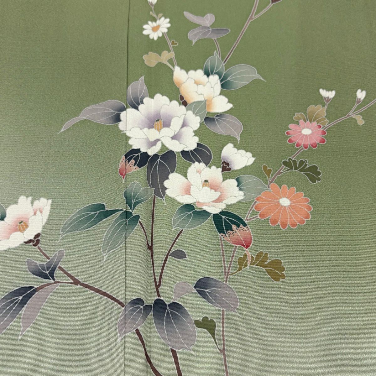 訪問服 身長164.5cm 袖長68cm L 雙層 椿 菊花 漸層 艾綠 純蠶絲 優品級