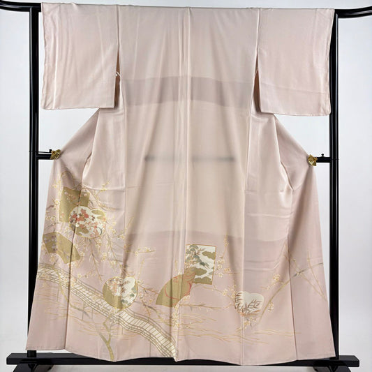 【美品】 色留袖禮服 身長157cm 袖長63.5cm S 雙層 大和 枝梅花 橋 金絲 金銀彩 淺粉色 純蠶絲 秀品級 一個紋