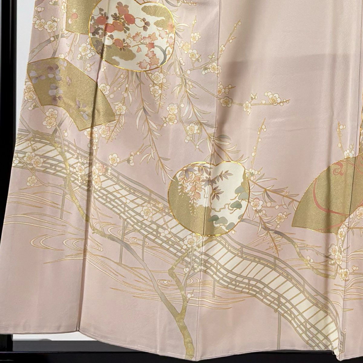 【美品】 色留袖禮服 身長157cm 袖長63.5cm S 雙層 大和 枝梅花 橋 金絲 金銀彩 淺粉色 純蠶絲 秀品級 一個紋