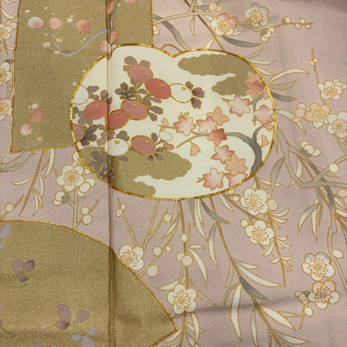 【美品】 色留袖禮服 身長157cm 袖長63.5cm S 雙層 大和 枝梅花 橋 金絲 金銀彩 淺粉色 純蠶絲 秀品級 一個紋