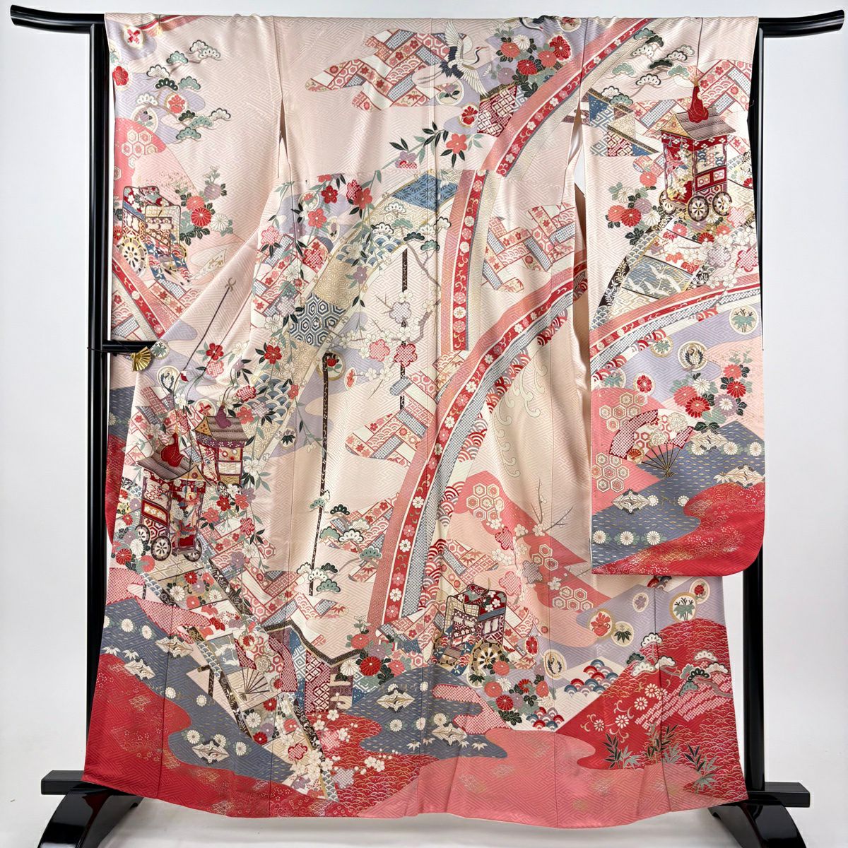 振袖禮服 身長163cm 袖長64.5cm M 雙層 山鉾 草花紋紋 金銀彩 淡粉色 純蠶絲 優品級