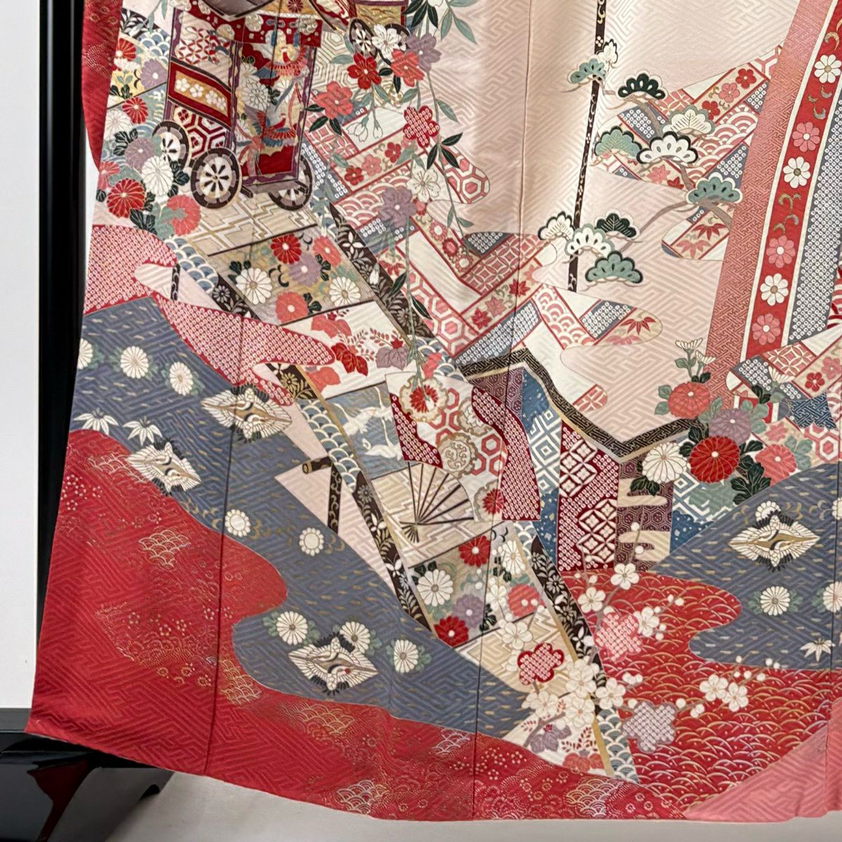 振袖禮服 身長163cm 袖長64.5cm M 雙層 山鉾 草花紋紋 金銀彩 淡粉色 純蠶絲 優品級