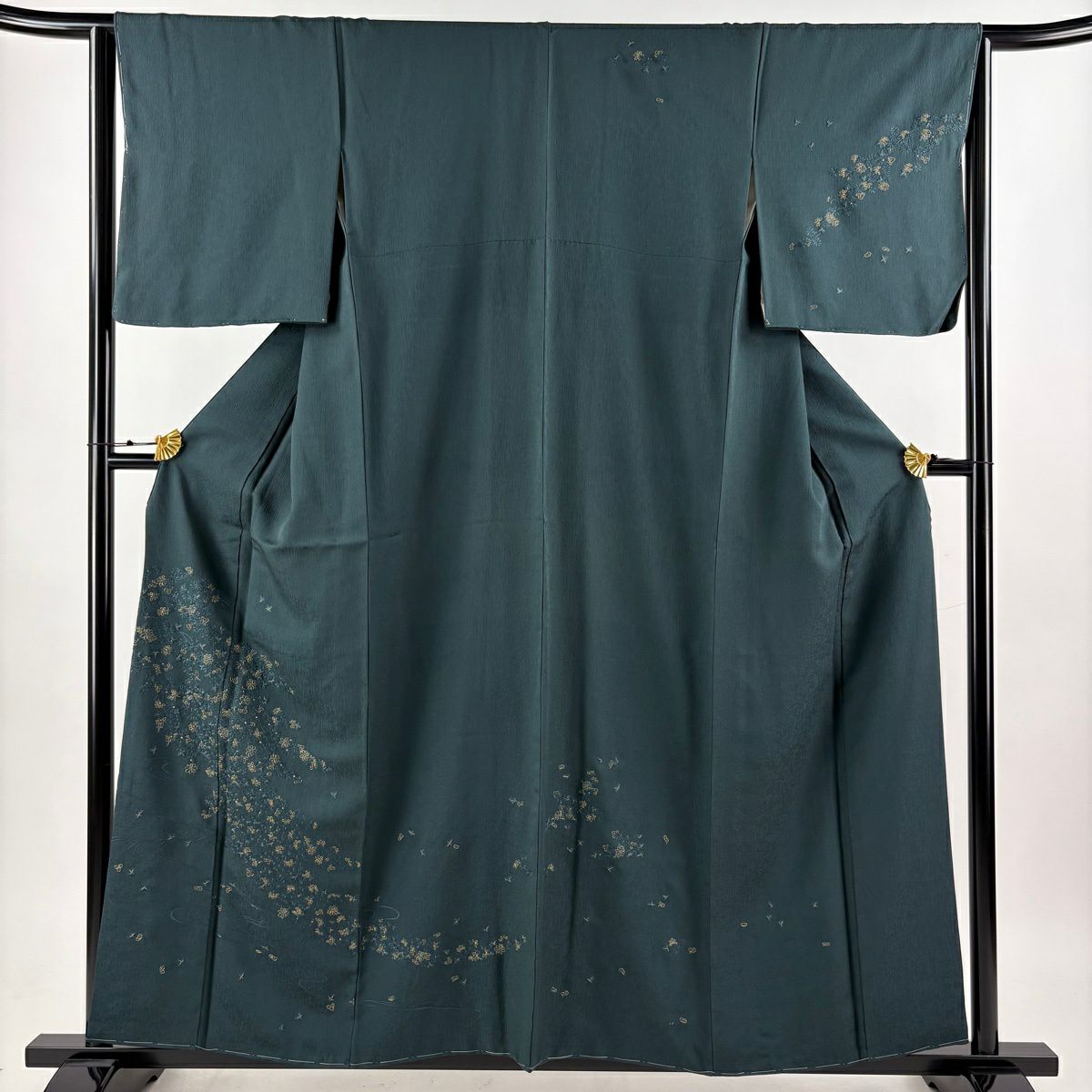 【美品】 付下 身長158cm 袖長63.5cm S 雙層 菊花 流水 金糸 刺繡 深綠 純蠶絲 秀品級