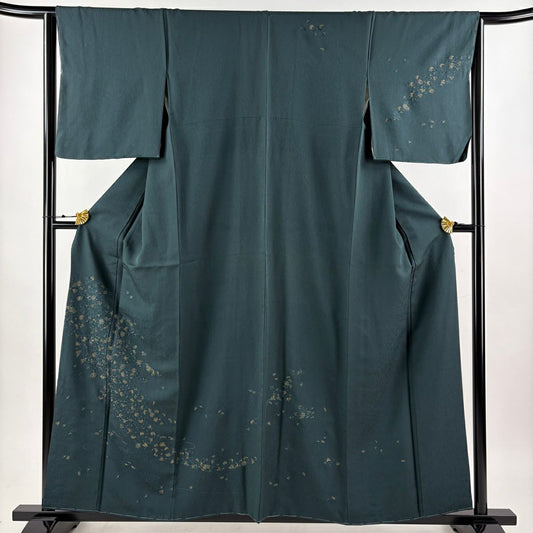【美品】 付下 身長158cm 袖長63.5cm S 雙層 菊花 流水 金糸 刺繡 深綠 純蠶絲 秀品級
