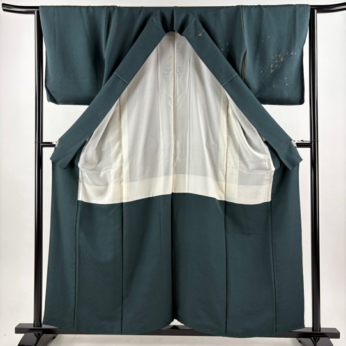 【美品】 付下 身長158cm 袖長63.5cm S 雙層 菊花 流水 金糸 刺繡 深綠 純蠶絲 秀品級