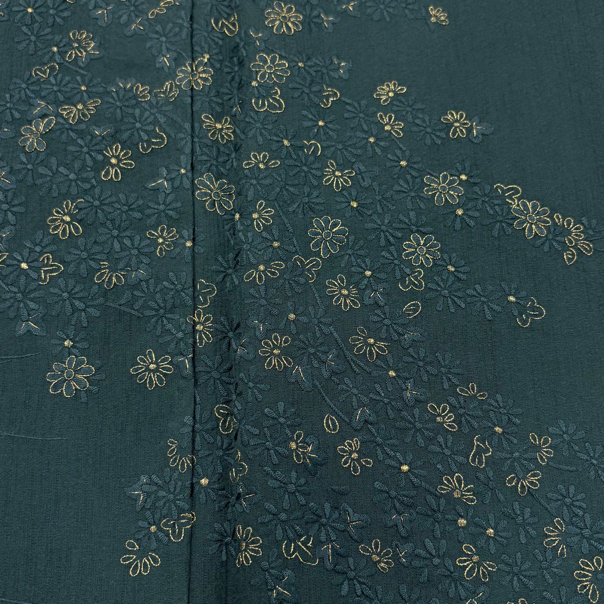 【美品】 付下 身長158cm 袖長63.5cm S 雙層 菊花 流水 金糸 刺繡 深綠 純蠶絲 秀品級